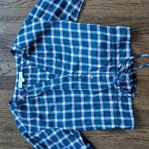 LOFT Blue and White Plaid Cropped Button Down Shirt Tie Waist